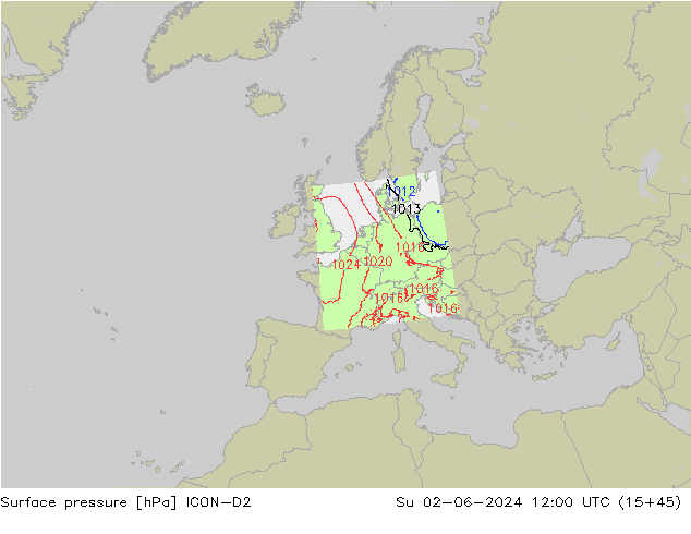 Presión superficial ICON-D2 dom 02.06.2024 12 UTC