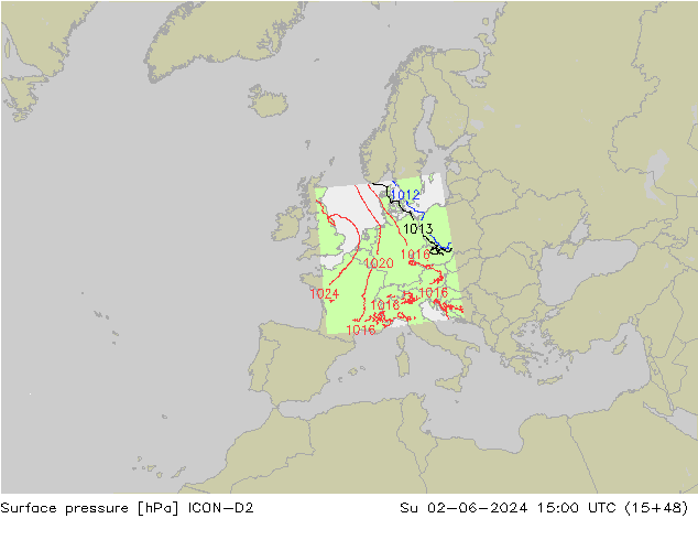 Luchtdruk (Grond) ICON-D2 zo 02.06.2024 15 UTC