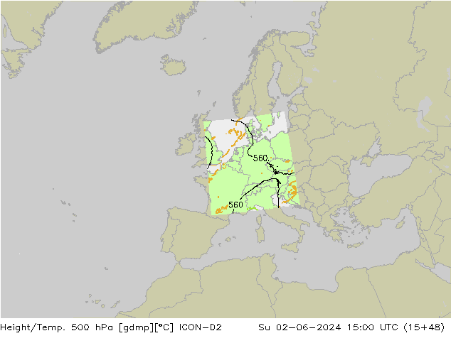 Hoogte/Temp. 500 hPa ICON-D2 zo 02.06.2024 15 UTC