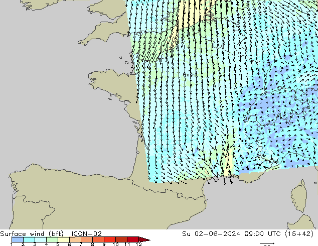  10 m (bft) ICON-D2  02.06.2024 09 UTC