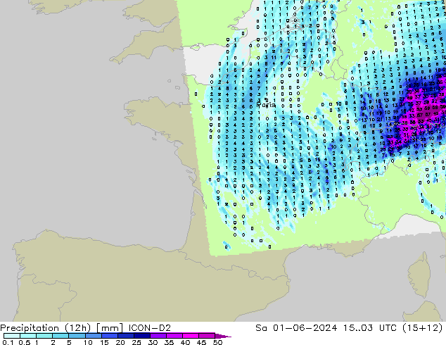 Precipitazione (12h) ICON-D2 sab 01.06.2024 03 UTC