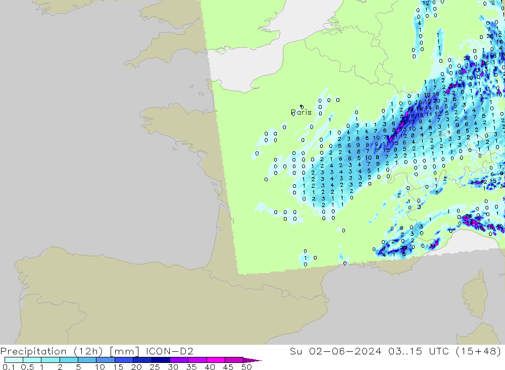 Precipitation (12h) ICON-D2 Su 02.06.2024 15 UTC