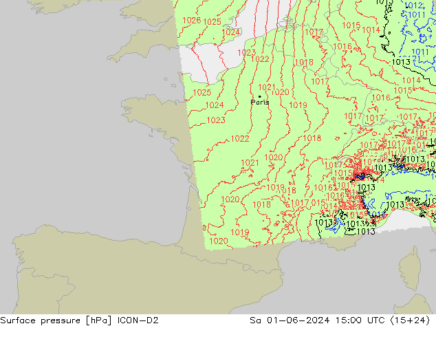 Surface pressure ICON-D2 Sa 01.06.2024 15 UTC