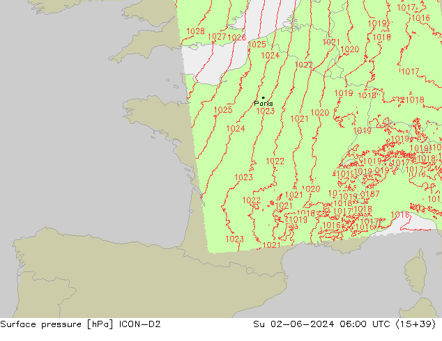 Surface pressure ICON-D2 Su 02.06.2024 06 UTC