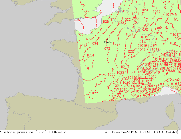 Surface pressure ICON-D2 Su 02.06.2024 15 UTC