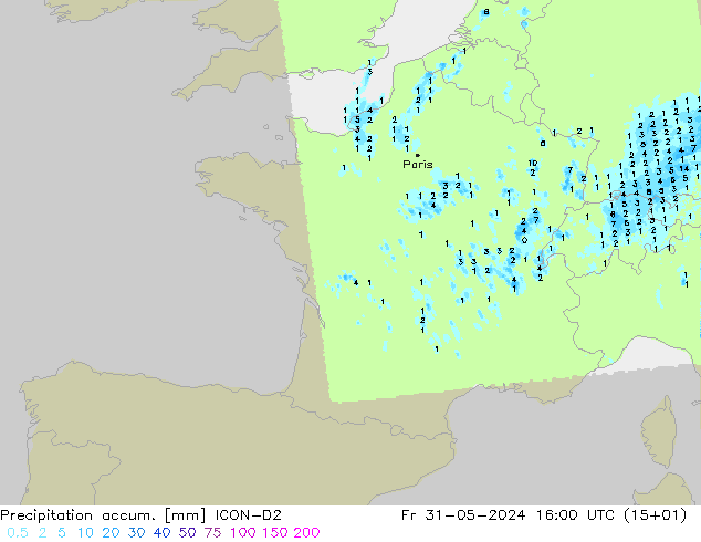 Precipitación acum. ICON-D2 vie 31.05.2024 16 UTC