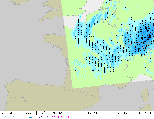 Precipitation accum. ICON-D2 пт 31.05.2024 21 UTC
