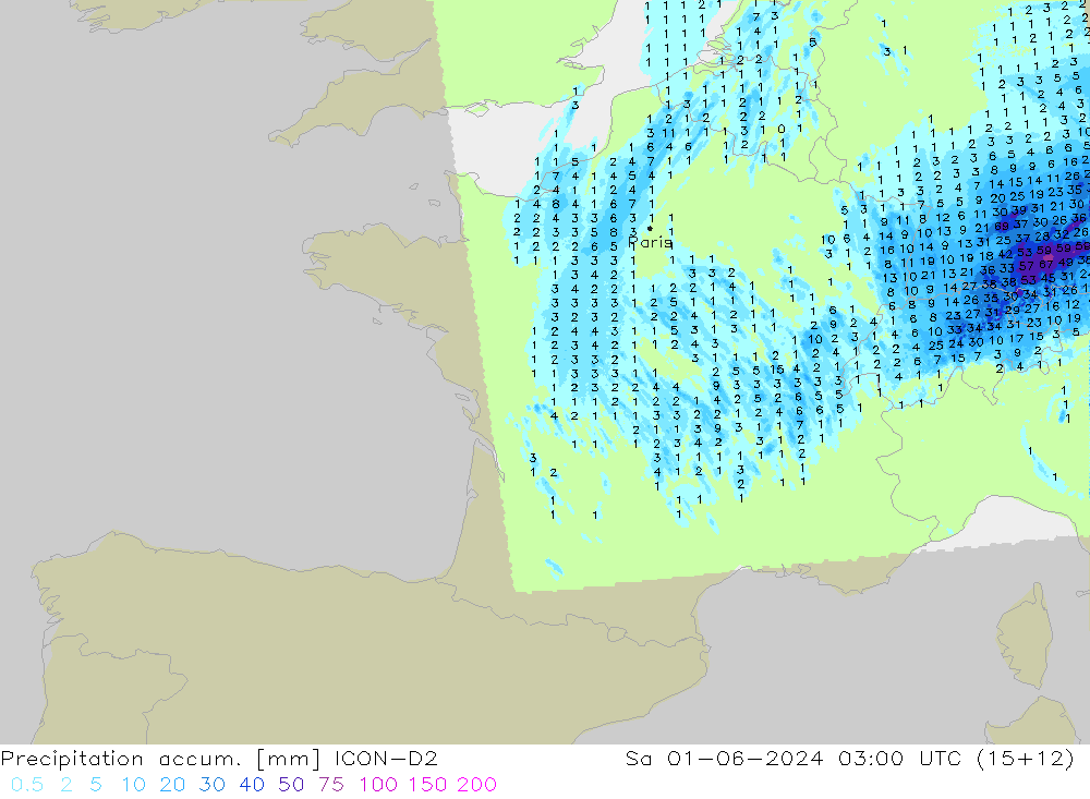 Precipitation accum. ICON-D2 Sa 01.06.2024 03 UTC