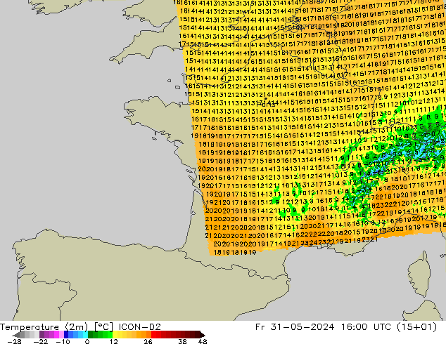 Temperature (2m) ICON-D2 Fr 31.05.2024 16 UTC