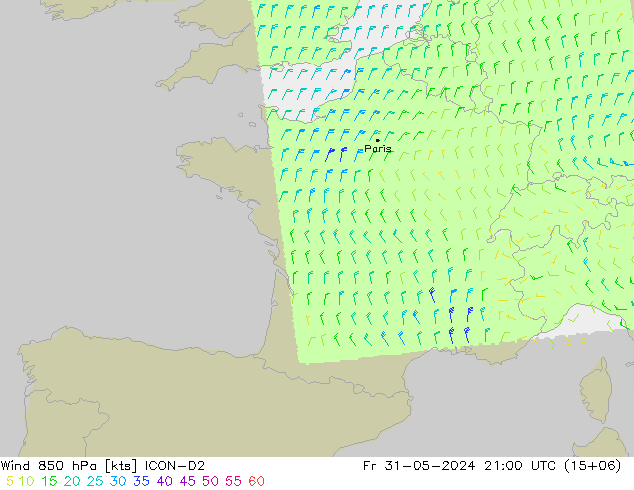 Vento 850 hPa ICON-D2 Sex 31.05.2024 21 UTC