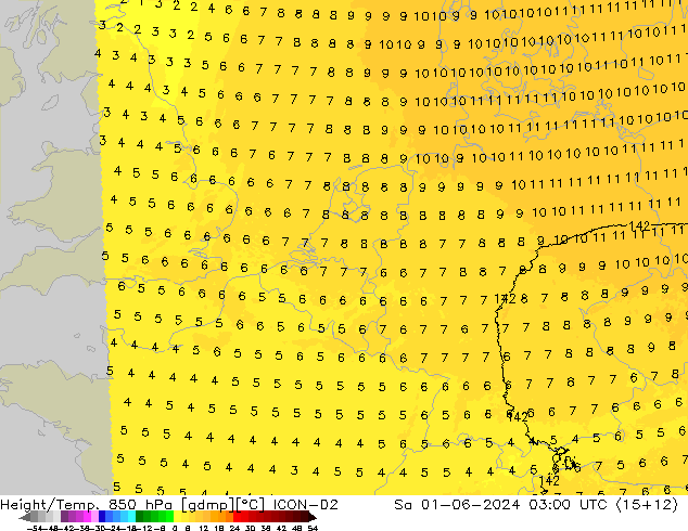 Géop./Temp. 850 hPa ICON-D2 sam 01.06.2024 03 UTC