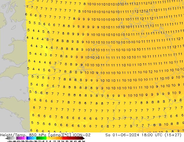 Height/Temp. 850 hPa ICON-D2 Sáb 01.06.2024 18 UTC