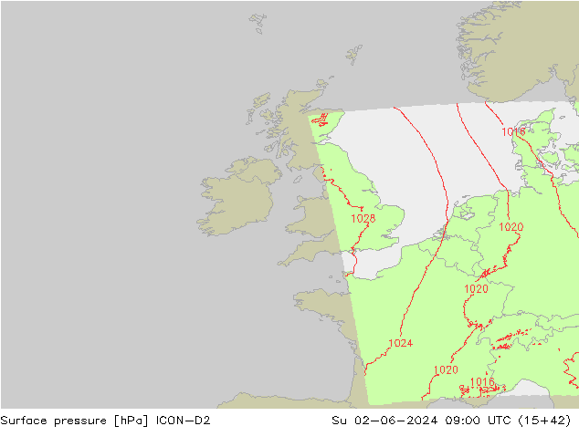 Presión superficial ICON-D2 dom 02.06.2024 09 UTC