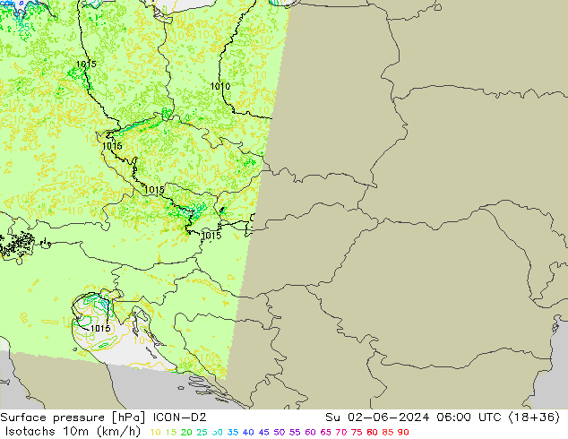 Isotachs (kph) ICON-D2 Su 02.06.2024 06 UTC