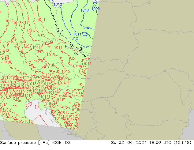 Atmosférický tlak ICON-D2 Ne 02.06.2024 18 UTC