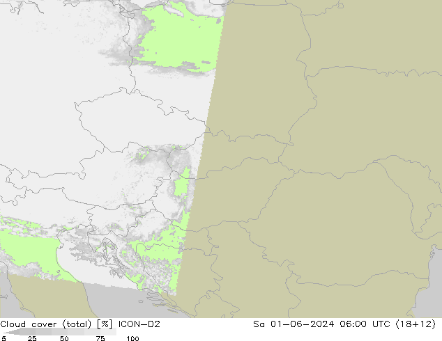 Cloud cover (total) ICON-D2 Sa 01.06.2024 06 UTC