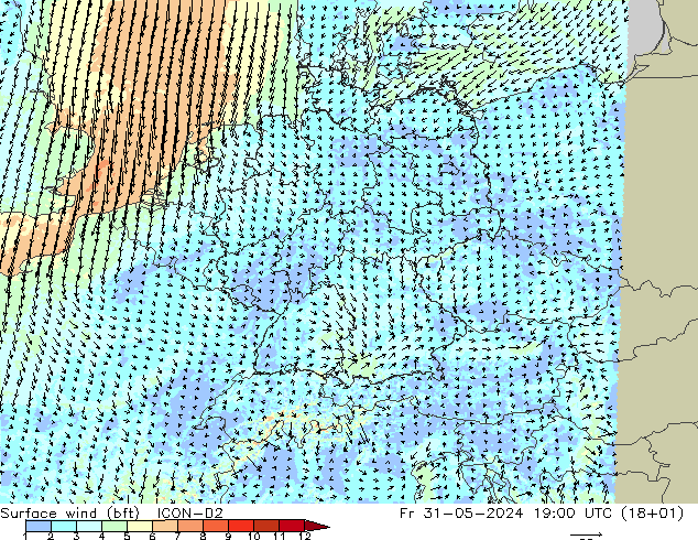 �N 10 米 (bft) ICON-D2 星期五 31.05.2024 19 UTC
