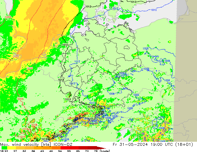 Max. wind velocity ICON-D2 Fr 31.05.2024 19 UTC