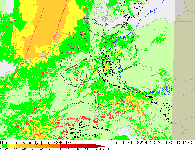 Max. wind velocity ICON-D2 sab 01.06.2024 18 UTC