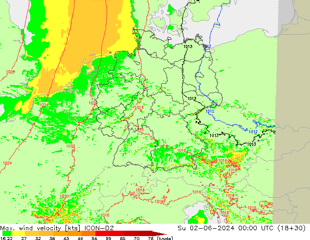 Max. wind velocity ICON-D2 Su 02.06.2024 00 UTC