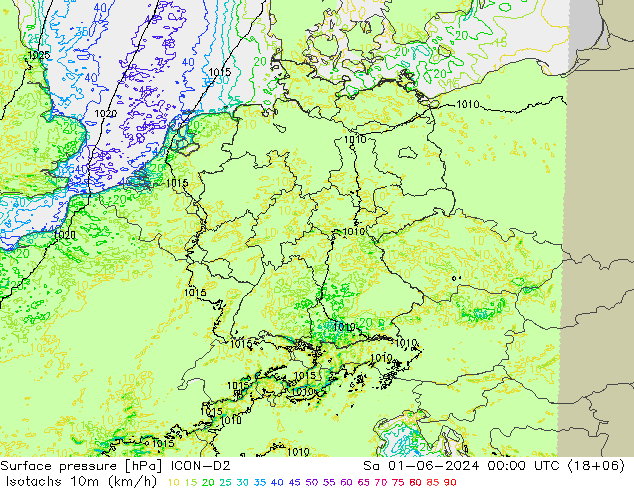 Isotachs (kph) ICON-D2 Sáb 01.06.2024 00 UTC