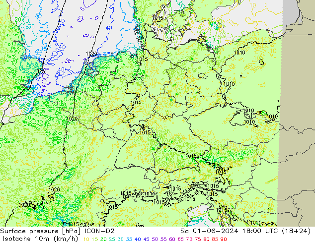 Isotachs (kph) ICON-D2  01.06.2024 18 UTC