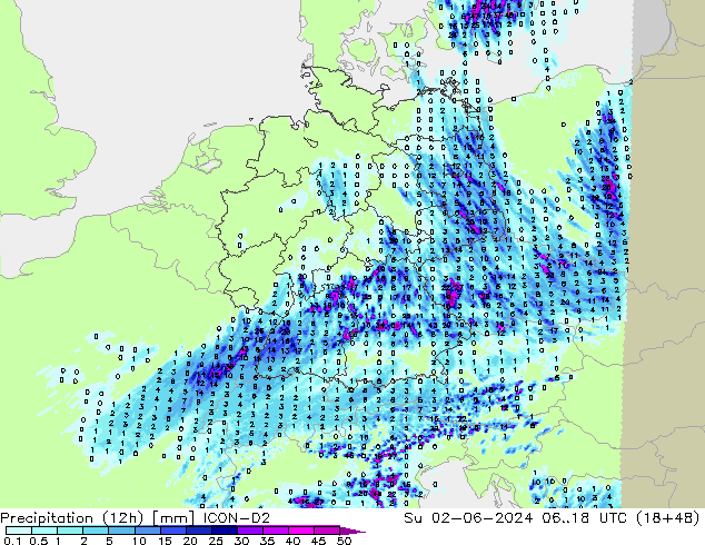 Precipitazione (12h) ICON-D2 dom 02.06.2024 18 UTC