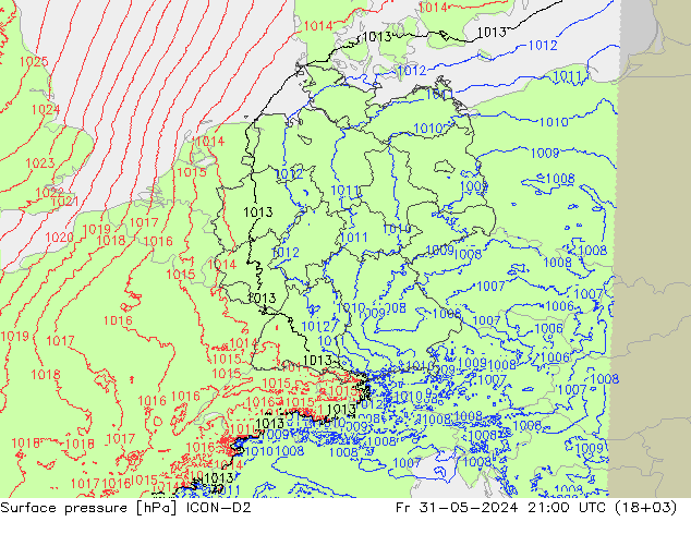 Atmosférický tlak ICON-D2 Pá 31.05.2024 21 UTC