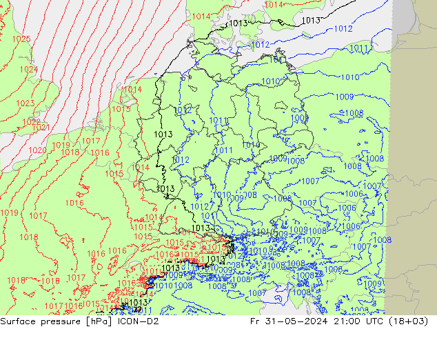 Pressione al suolo ICON-D2 ven 31.05.2024 21 UTC