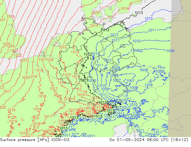 Surface pressure ICON-D2 Sa 01.06.2024 06 UTC