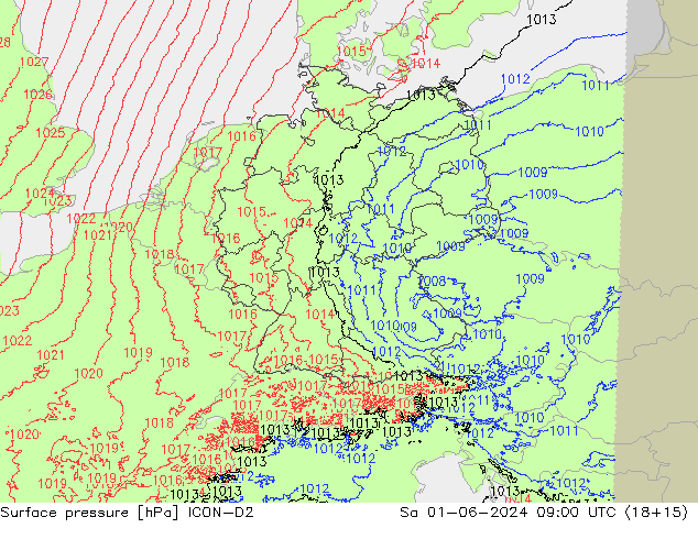 pressão do solo ICON-D2 Sáb 01.06.2024 09 UTC