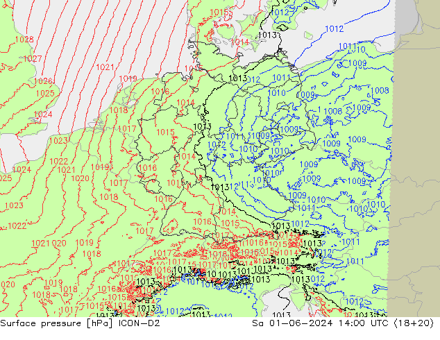 Surface pressure ICON-D2 Sa 01.06.2024 14 UTC