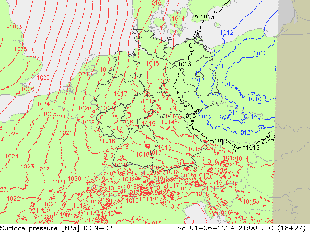 Surface pressure ICON-D2 Sa 01.06.2024 21 UTC