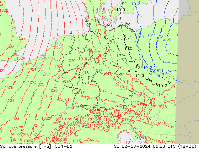 Surface pressure ICON-D2 Su 02.06.2024 06 UTC