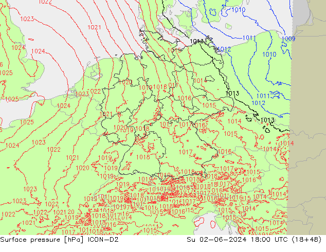 Surface pressure ICON-D2 Su 02.06.2024 18 UTC