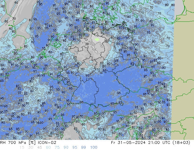 RH 700 hPa ICON-D2 星期五 31.05.2024 21 UTC