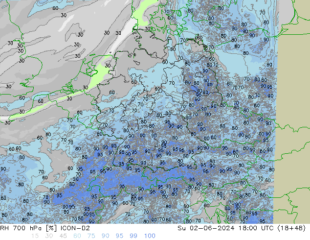 RH 700 hPa ICON-D2 Dom 02.06.2024 18 UTC