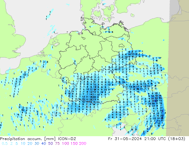 Precipitation accum. ICON-D2 Fr 31.05.2024 21 UTC