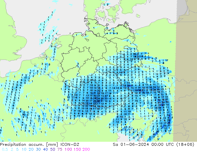 Totale neerslag ICON-D2 za 01.06.2024 00 UTC