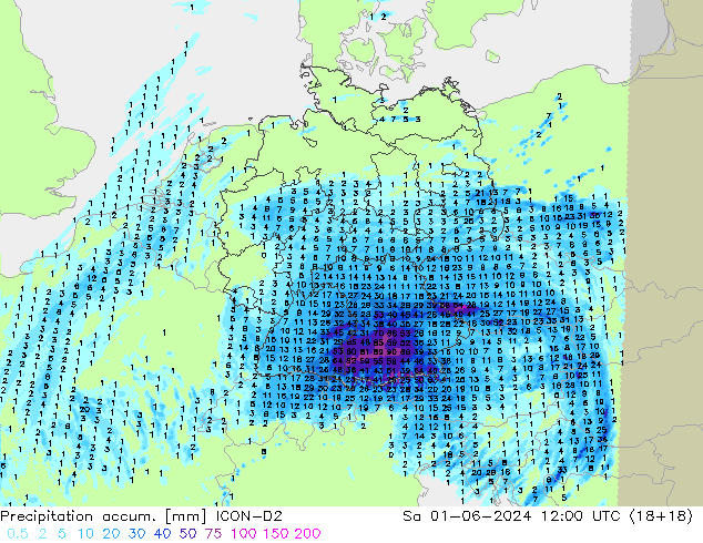 Precipitation accum. ICON-D2 Sa 01.06.2024 12 UTC