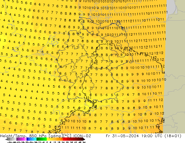 Height/Temp. 850 hPa ICON-D2 Fr 31.05.2024 19 UTC