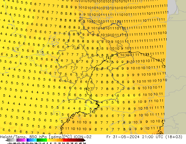 Height/Temp. 850 hPa ICON-D2 星期五 31.05.2024 21 UTC