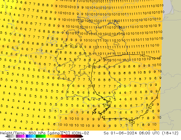 Height/Temp. 850 hPa ICON-D2 Sa 01.06.2024 06 UTC