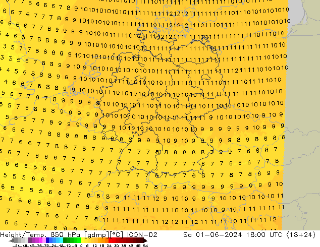 Hoogte/Temp. 850 hPa ICON-D2 za 01.06.2024 18 UTC