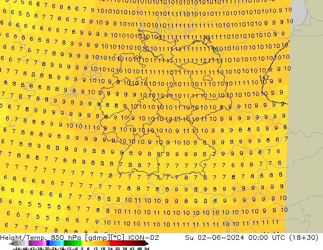 Height/Temp. 850 hPa ICON-D2 dom 02.06.2024 00 UTC