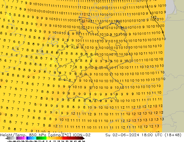 Height/Temp. 850 hPa ICON-D2 Su 02.06.2024 18 UTC