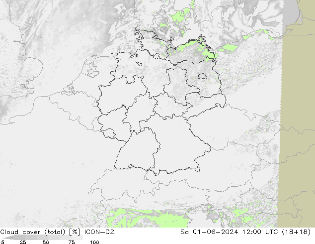 nuvens (total) ICON-D2 Sáb 01.06.2024 12 UTC