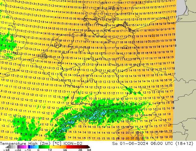 Höchstwerte (2m) ICON-D2 Sa 01.06.2024 06 UTC