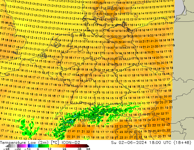Min. Temperatura (2m) ICON-D2 nie. 02.06.2024 18 UTC