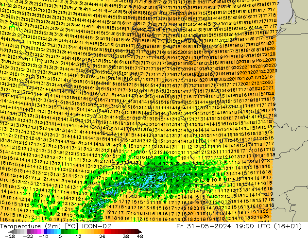 Temperatura (2m) ICON-D2 vie 31.05.2024 19 UTC